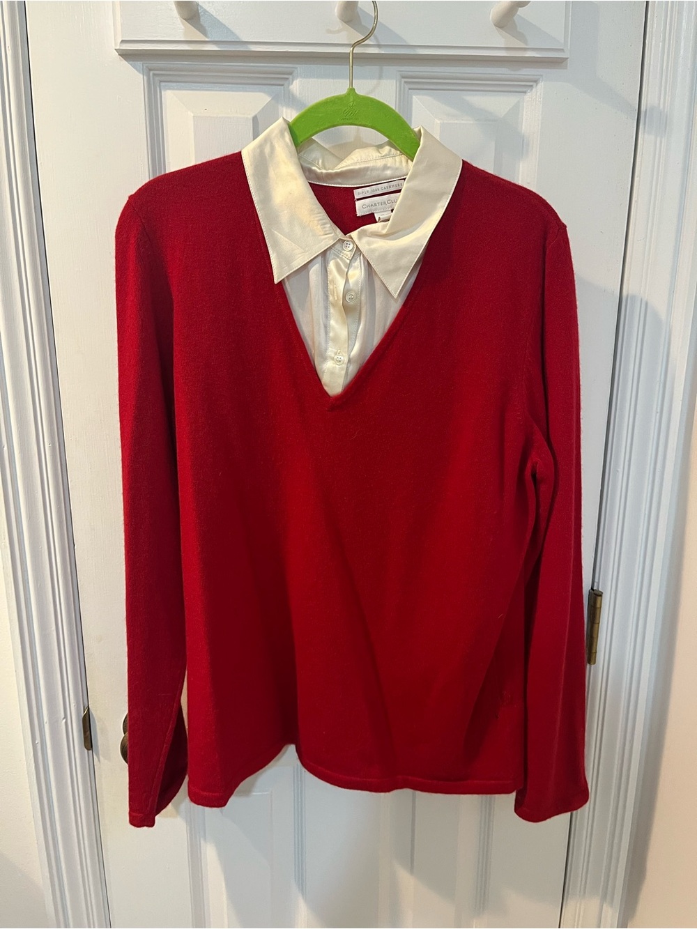 Charter Club Red V-Neck Cashmere Sweater with Cream Collar